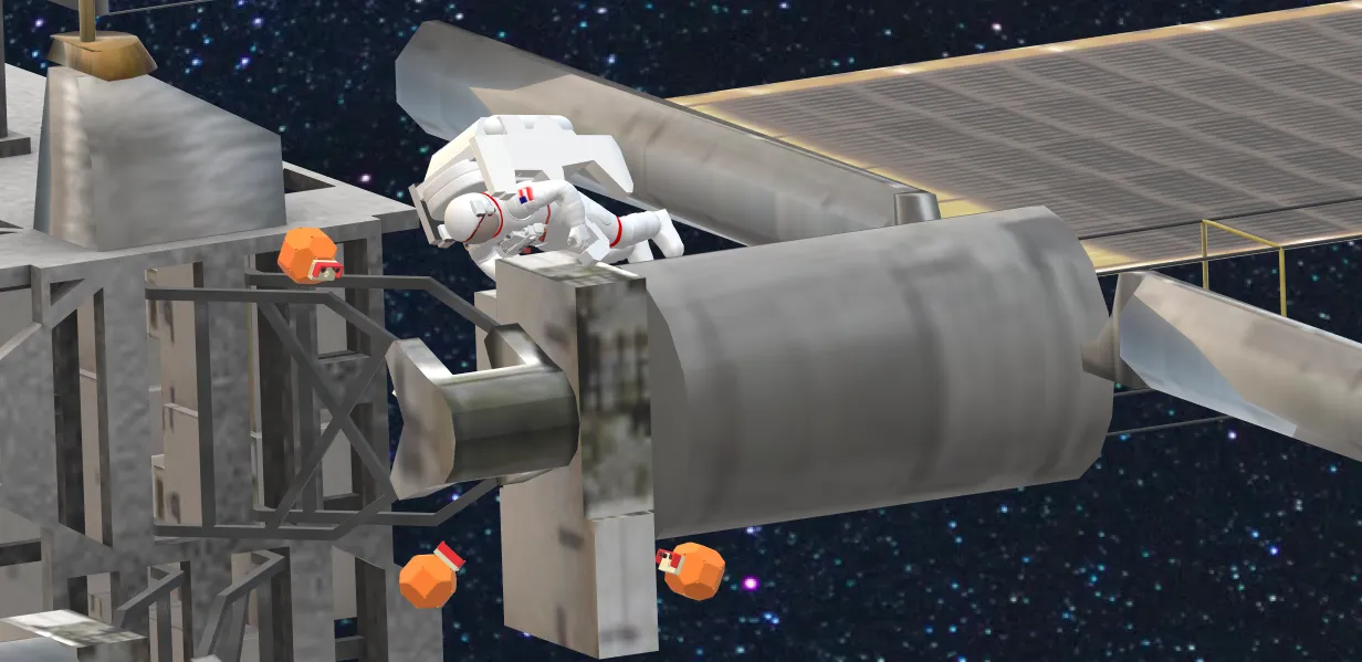 width:75% Rendered scene of an astronaut and free-flying robots servicing a structure in orbit
