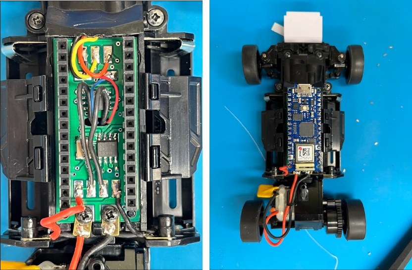 Two close-up photographs: on the left the custom replacement circuit board installed in the chassis, on the right the complete vehicle with its body shell removed, showing the Arduino module and wiring